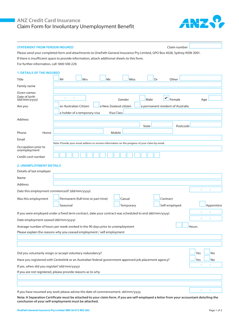 Fillable Online ANZ Credit Card Insurance Unemployment Claim Form ANZ 