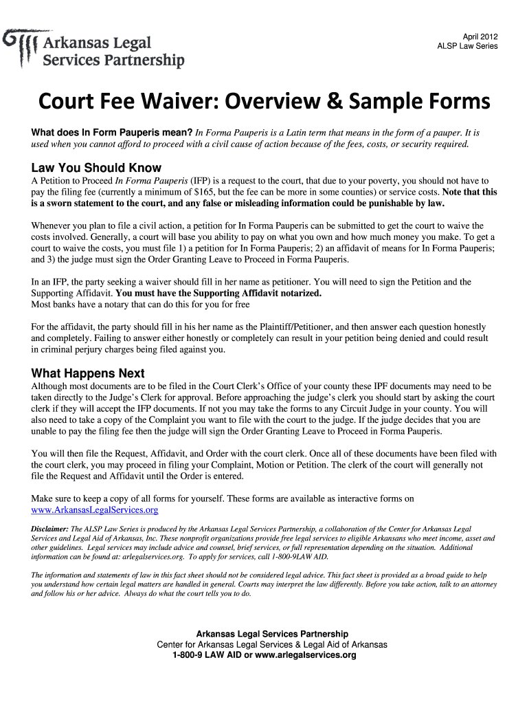 Fillable Online Arlegalservices Court Fee Waiver Overview Sample 