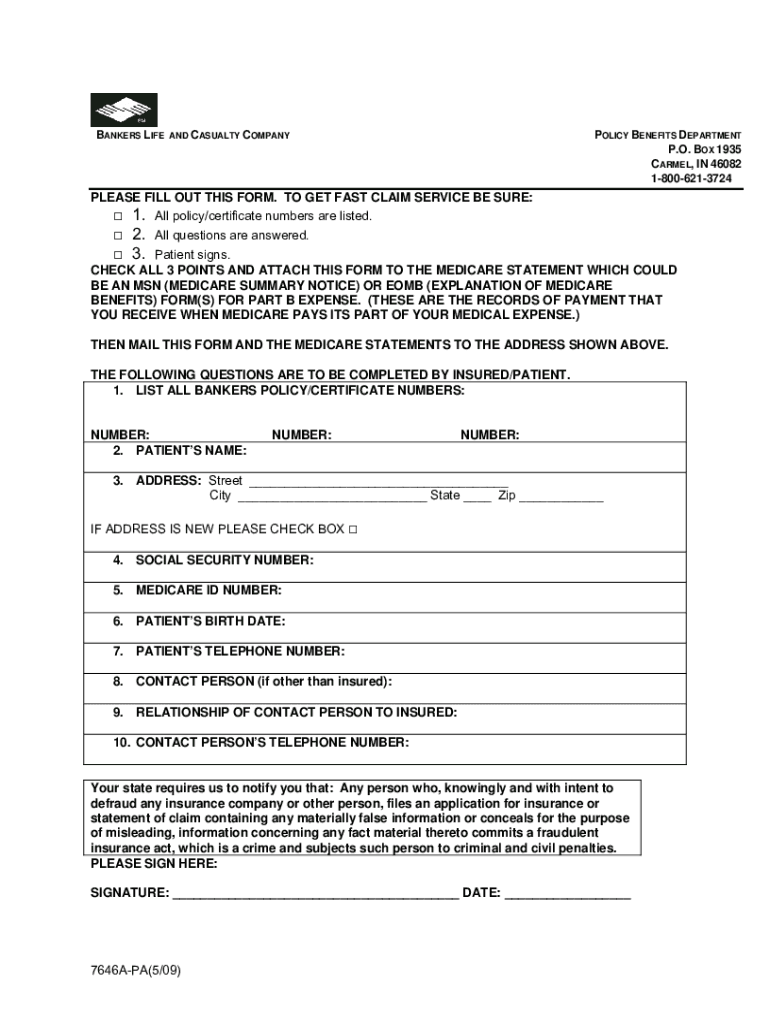 Fillable Online Bankers life insurance claim form pdf Fax Email Print 