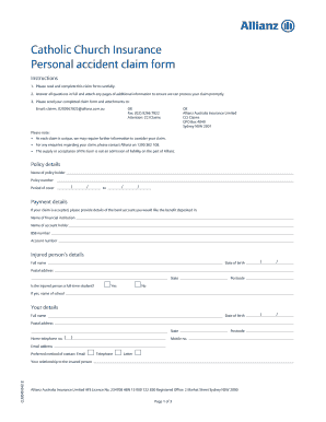 Fillable Online Catholic Church Insurance Personal Accident Claim Form 