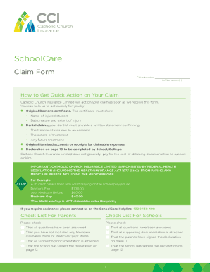 Fillable Online Catholic Church Insurance SchoolCare Claim Form 