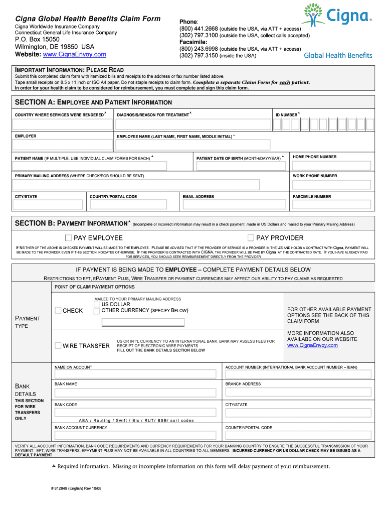 Fillable Online Cigna Global Health Benefits Claim Form Lubrizol Fax 