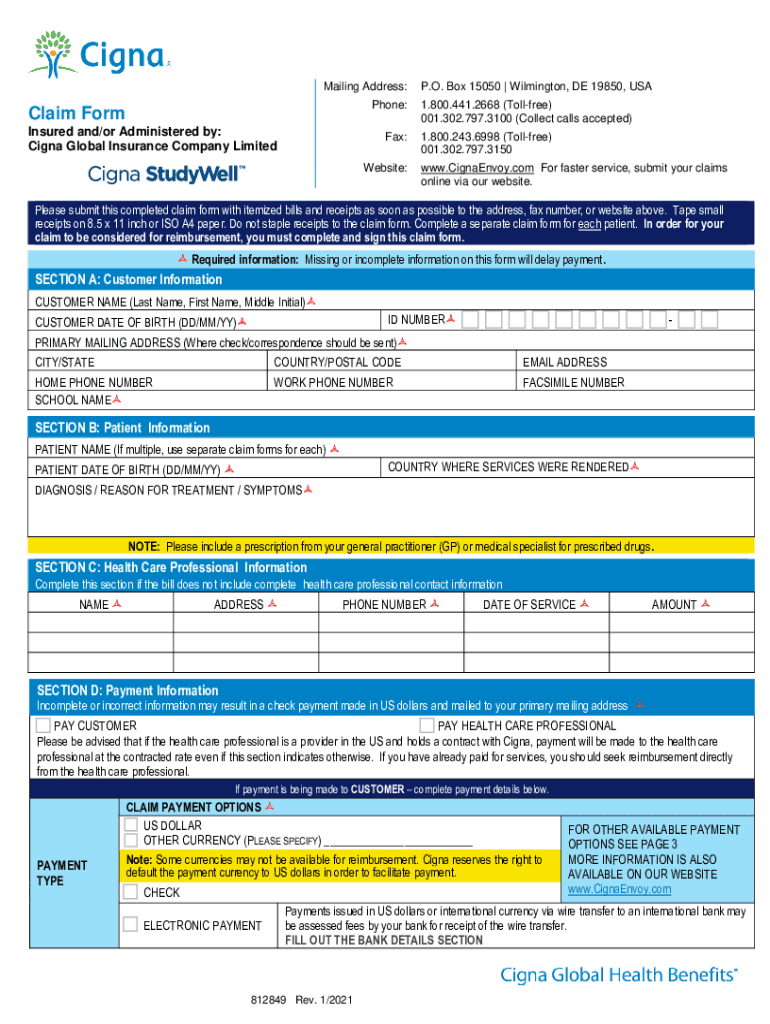 Fillable Online Cigna Global Health Options Medical And Vision Claim