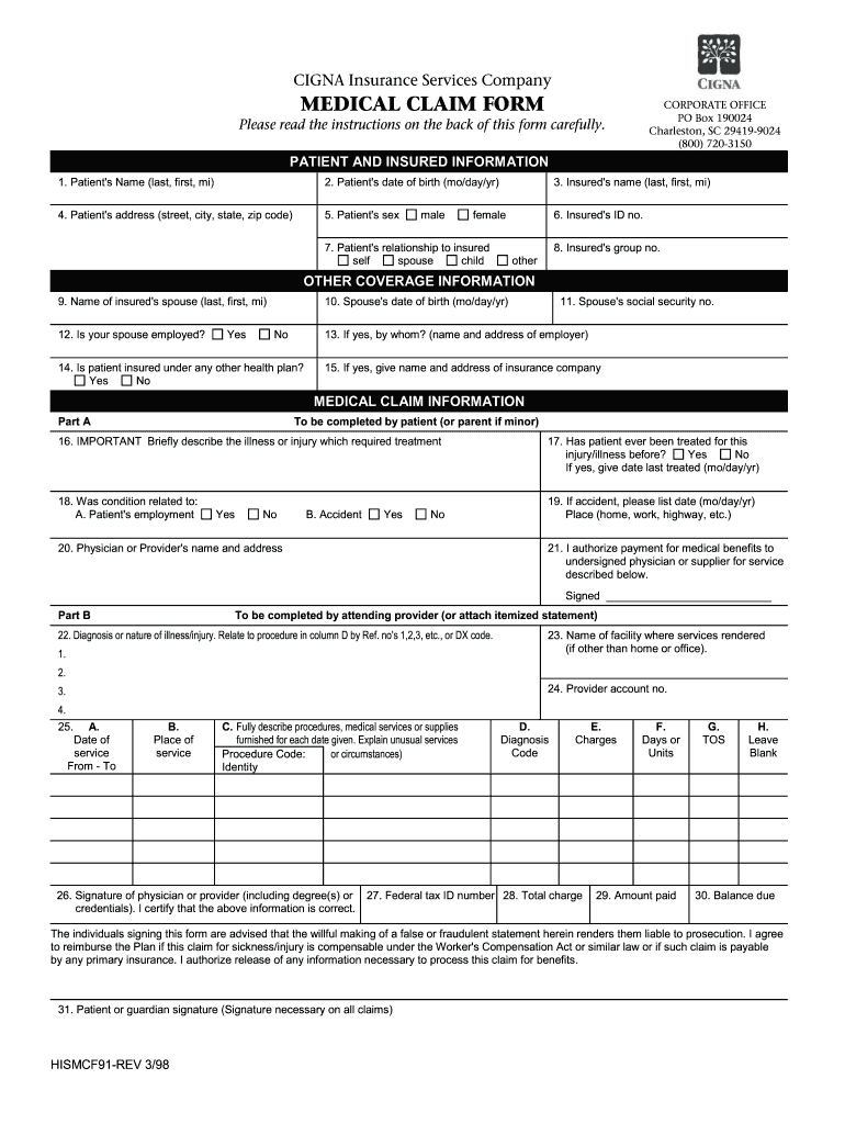 Fillable Online CIGNA Insurance Services Company MEDICAL CLAIM FORM Fax 