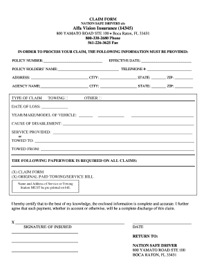 Fillable Online CLAIM FORM NATION SAFE DRIVERS C o Alfa Vision 