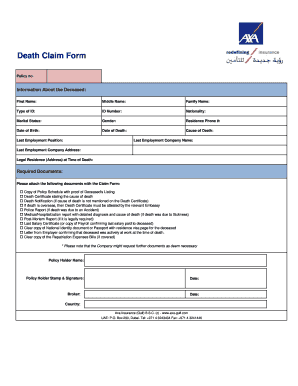 Fillable Online Death Claim Form AXA pdf Lloyd Co Emirates 