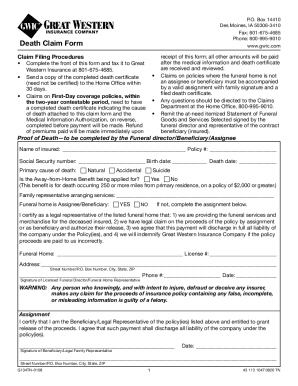 Fillable Online Death Claim Form Great Western Insurance Company Fax 