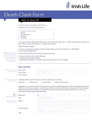 Fillable Online Death Claim Form Irish Life Fax Email Print PdfFiller