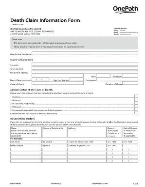 Fillable Online Death Claim Information Form OnePath Fax Email Print 