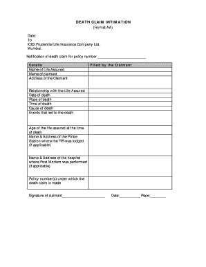 Fillable Online Death Claim Intimation Form ICICI Prudential Life