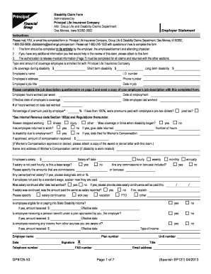 Fillable Online Disability Claim Form Principal Life Insurance Company 