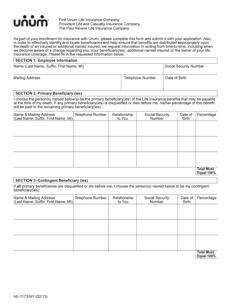 Fillable Online First Unum Life Insurance Company UNUM Forms Fax 