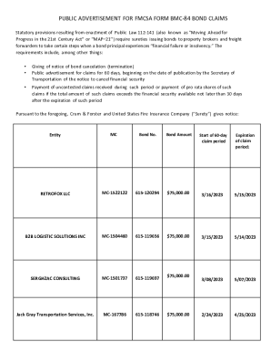 Fillable Online FMCSA Form BMC 84 Bond Claims Fax Email Print PdfFiller