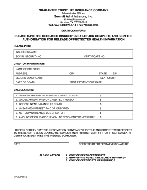 Fillable Online Guarantee Trust Life Death Claim Form SWRIC Fax 