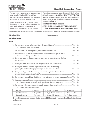 Fillable Online Health Information Form Health Plan Of San Joaquin 