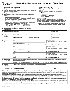 Fillable Online Health Reimbursement Arrangement Claim Form Aetna Fax