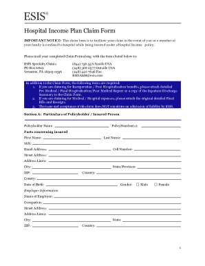 Fillable Online Hospital Income Plan Claim Form Chubb In The US Fax 