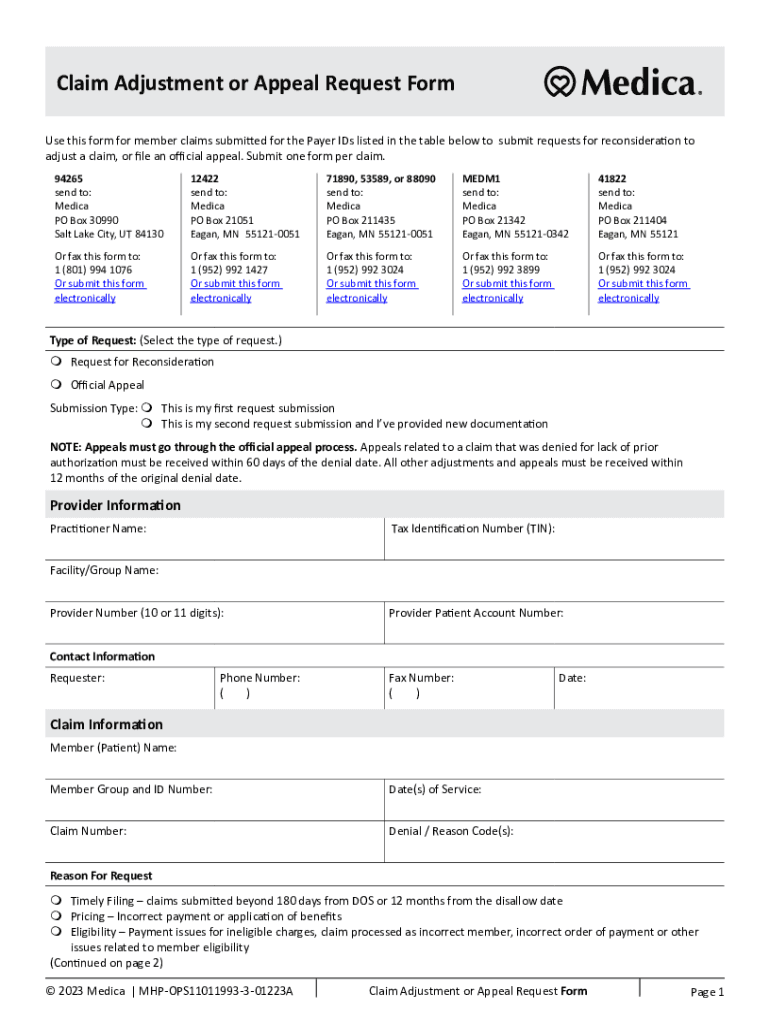 Fillable Online Medica Claim Adjustment Or Appeal Request Form Fax 