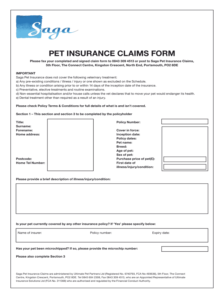 Fillable Online PET INSURANCE CLAIMS FORM Fax Email Print PdfFiller