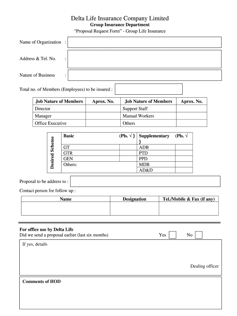 Fillable Online Proposal Request Form For Group Life Insurance Delta 