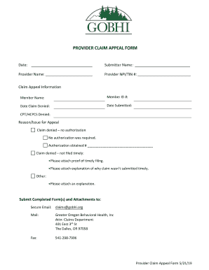 Fillable Online PROVIDER CLAIM APPEAL FORM Fax Email Print PdfFiller