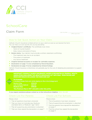 Fillable Online SchoolCare Claim Form Catholic Church Insurance Fax