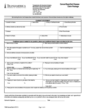 Fillable Online Transamerica Cancer Claim Form Fax Email Print PdfFiller