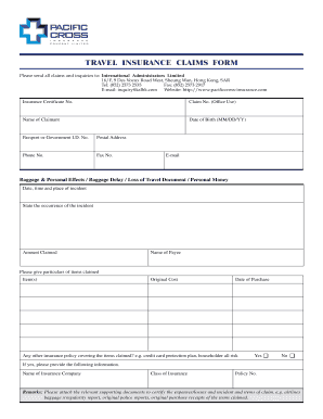 Fillable Online Travel Insurance Claim Form Travel Insurance Claim 