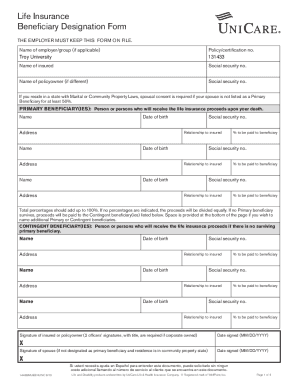 Fillable Online UniCare Life Insurance Beneficiary Designation Form Fax 