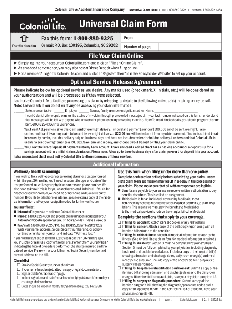 Fillable Online Universal Claim Form Colonial Life Accident 