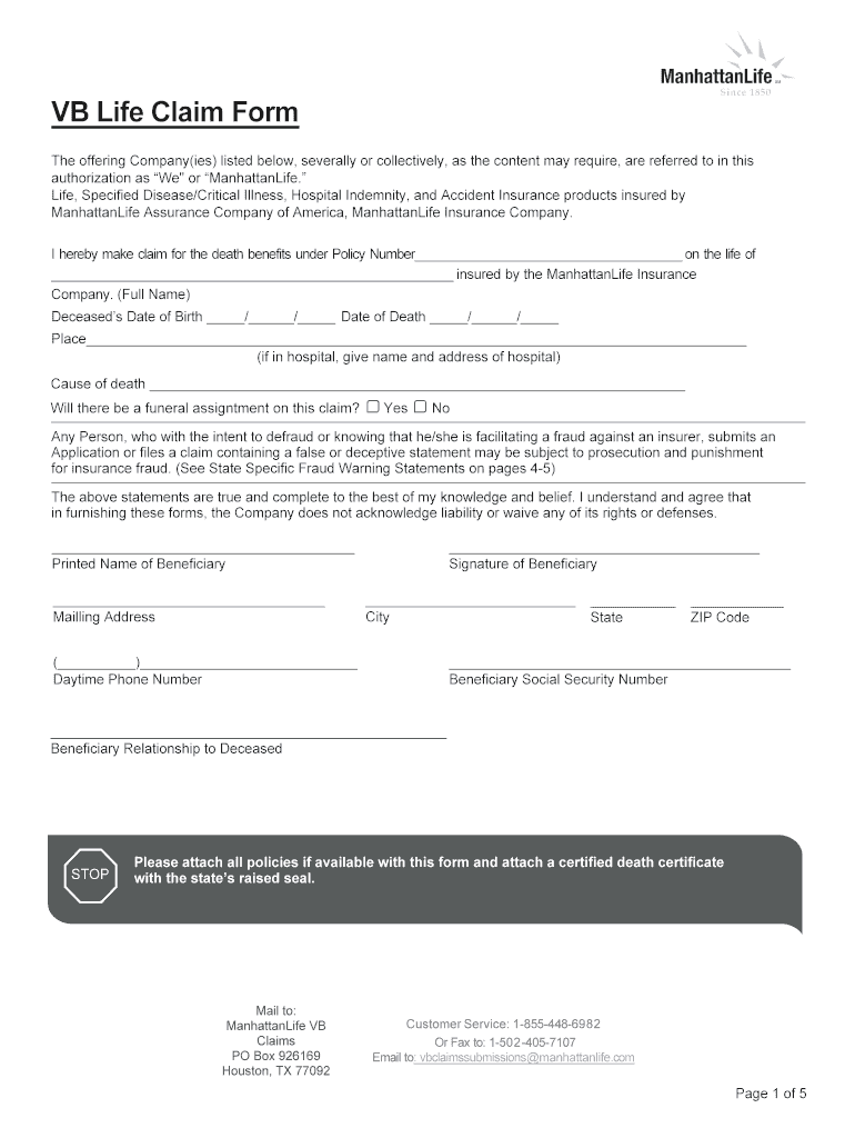 Fillable Online VB Life Claim Form Manhattan Life Fax Email Print 