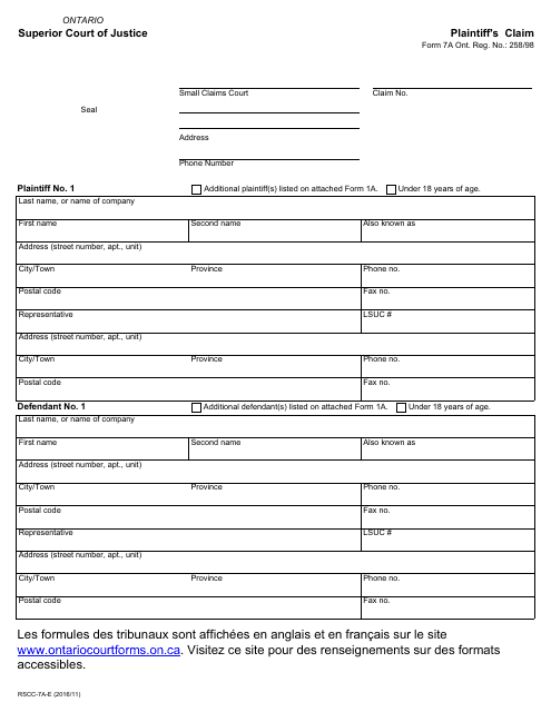 Form 7a Download Fillable PDF Plaintiff 39 s Claim Ontario Canada 