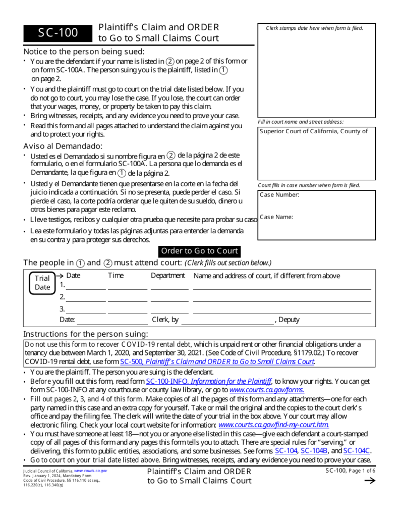 Form SC 100 Download Fillable PDF Or Fill Online Plaintiff 39 s Claim And 