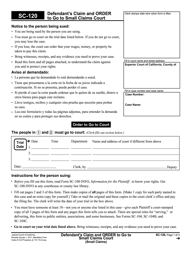 Form SC 120 Defendants Claim And Order To Go To Small Claims Court 