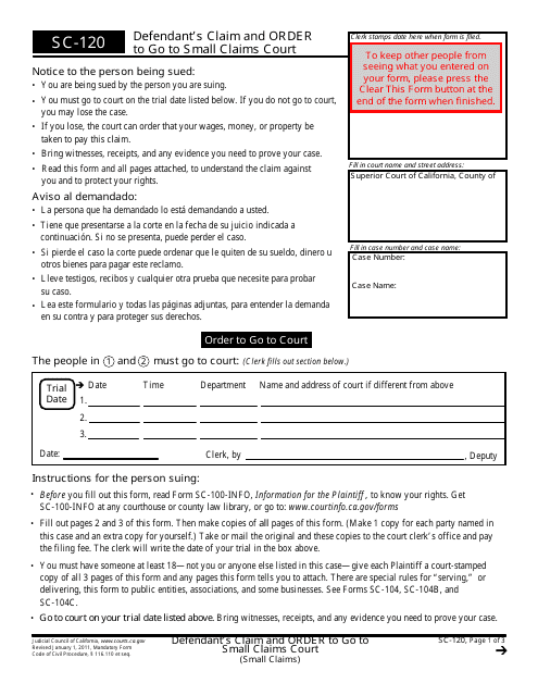 Form SC 120 Download Fillable PDF Defendants Claim And Order To Go To 