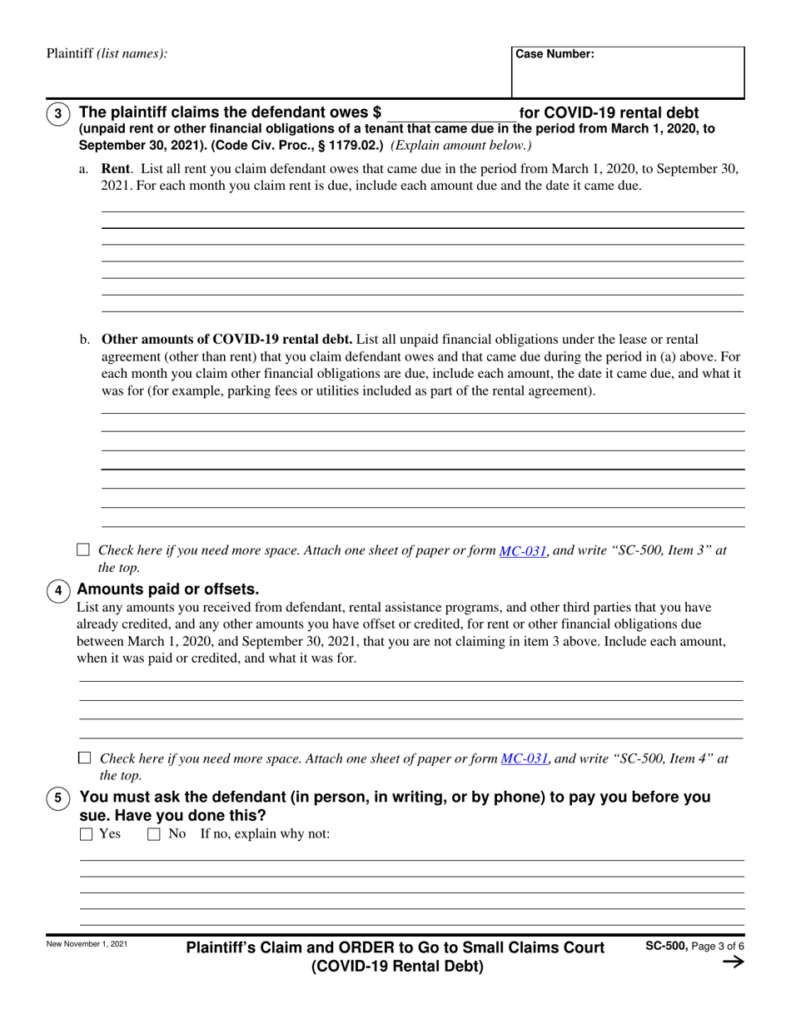 Form SC 500 Download Fillable PDF Or Fill Online Plaintiff 39 s Claim And 