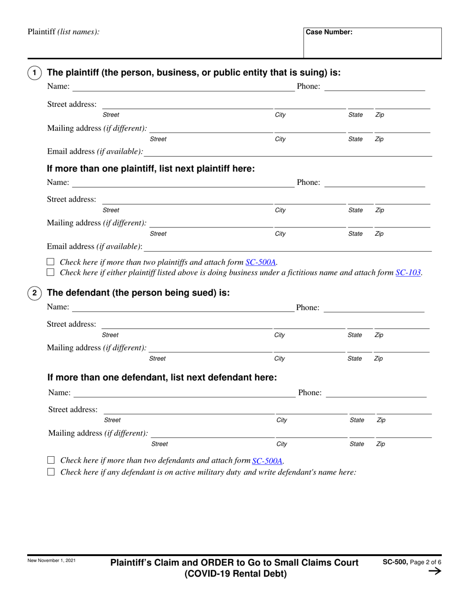 Form SC 500 Download Fillable PDF Or Fill Online Plaintiff 39 s Claim And