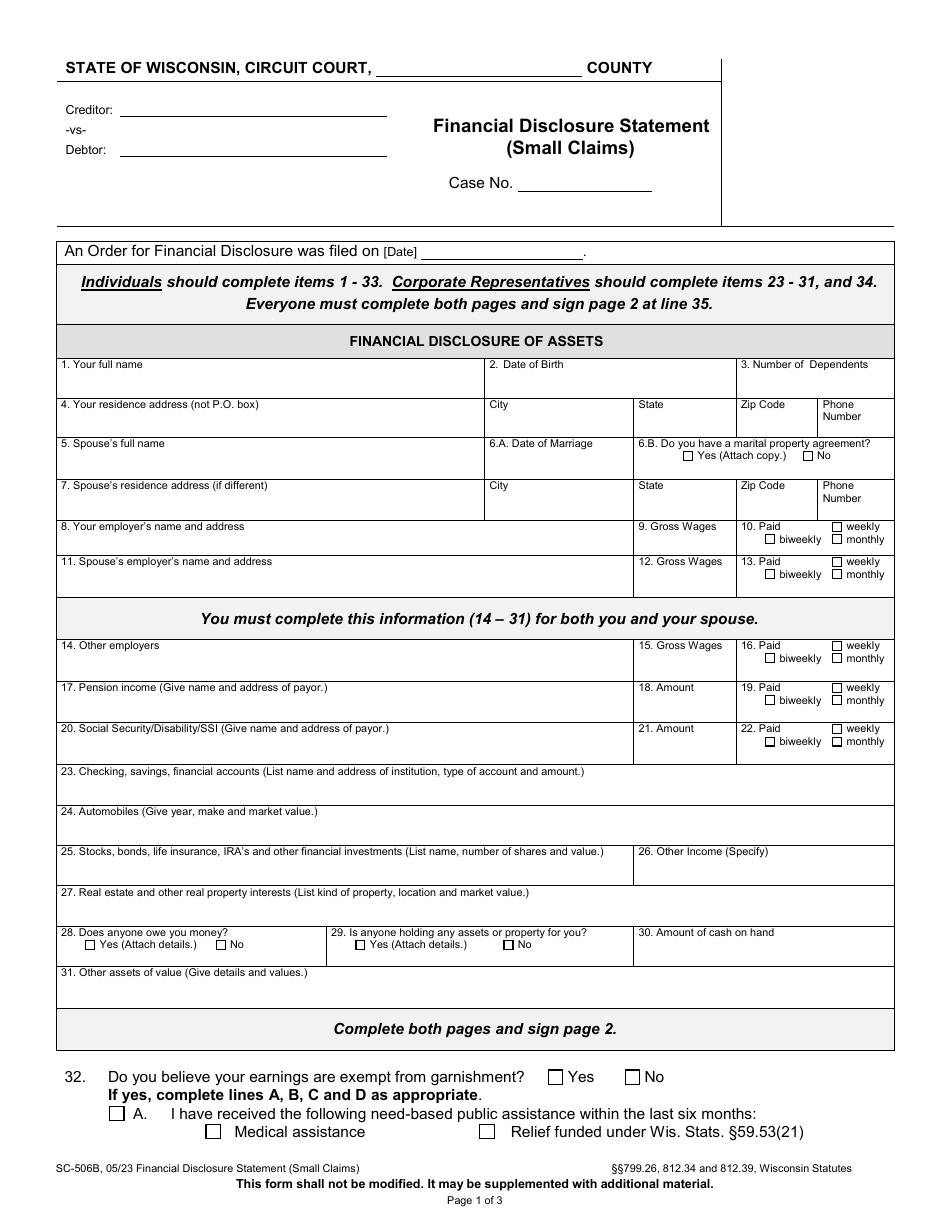 Form SC 506B Download Printable PDF Or Fill Online Financial Disclosure