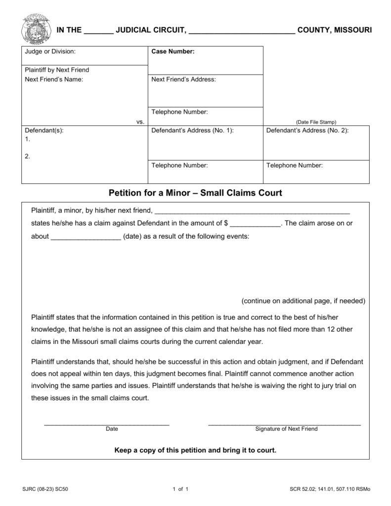 Form SC50 Download Fillable PDF Or Fill Online Petition For A Minor 