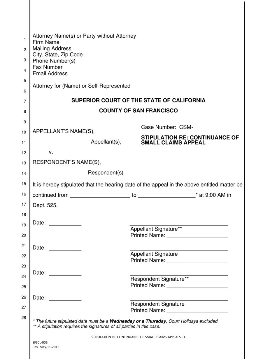 Form SFSCL 006 Download Printable PDF Or Fill Online Stipulation Re 