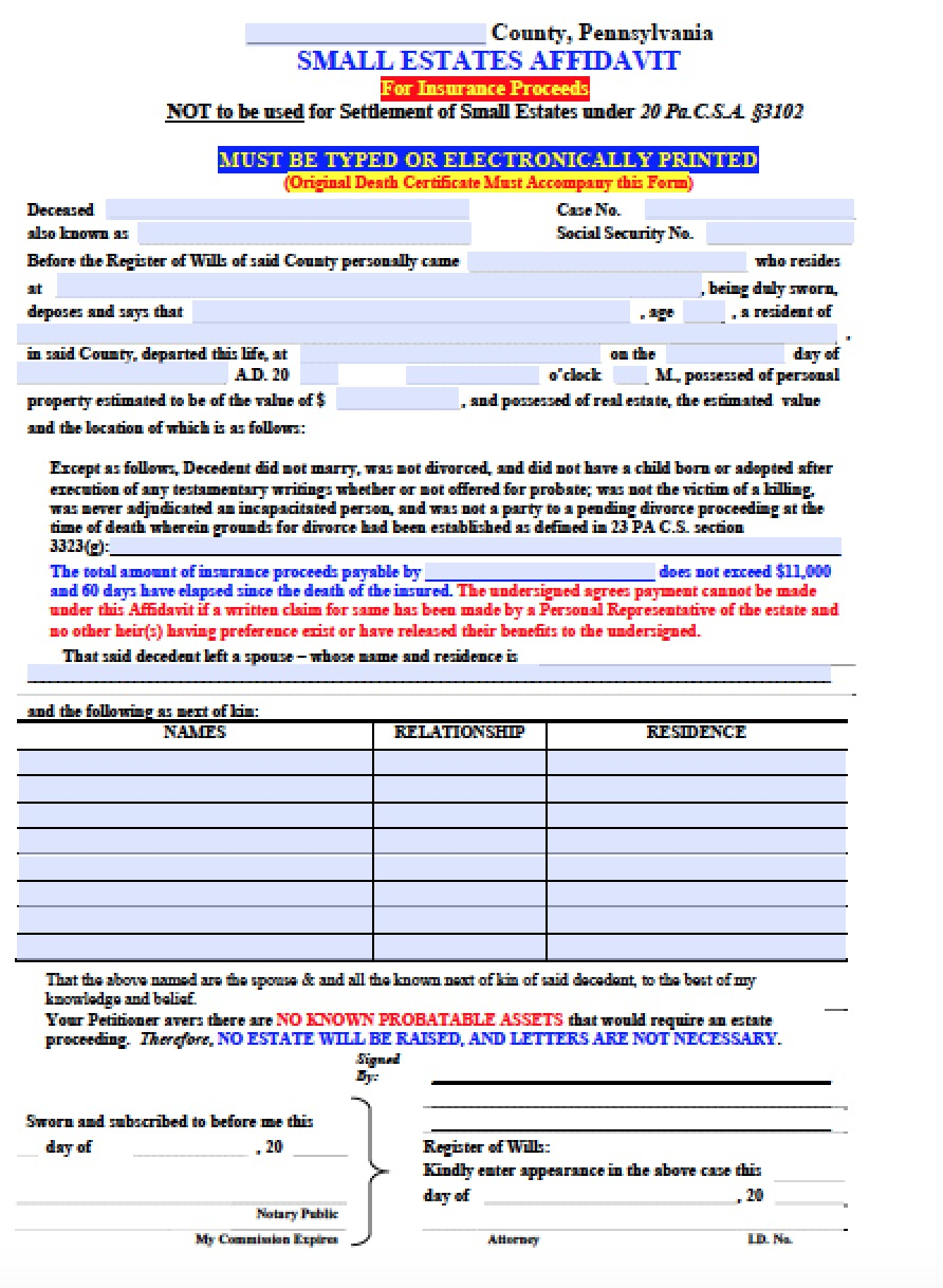 Free Pennsylvania Small Estate Affidavit Insurance Only Form PDF Word