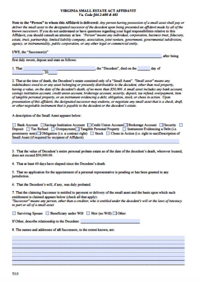 Free Virginia Small Estate Affidavit Form PDF Word