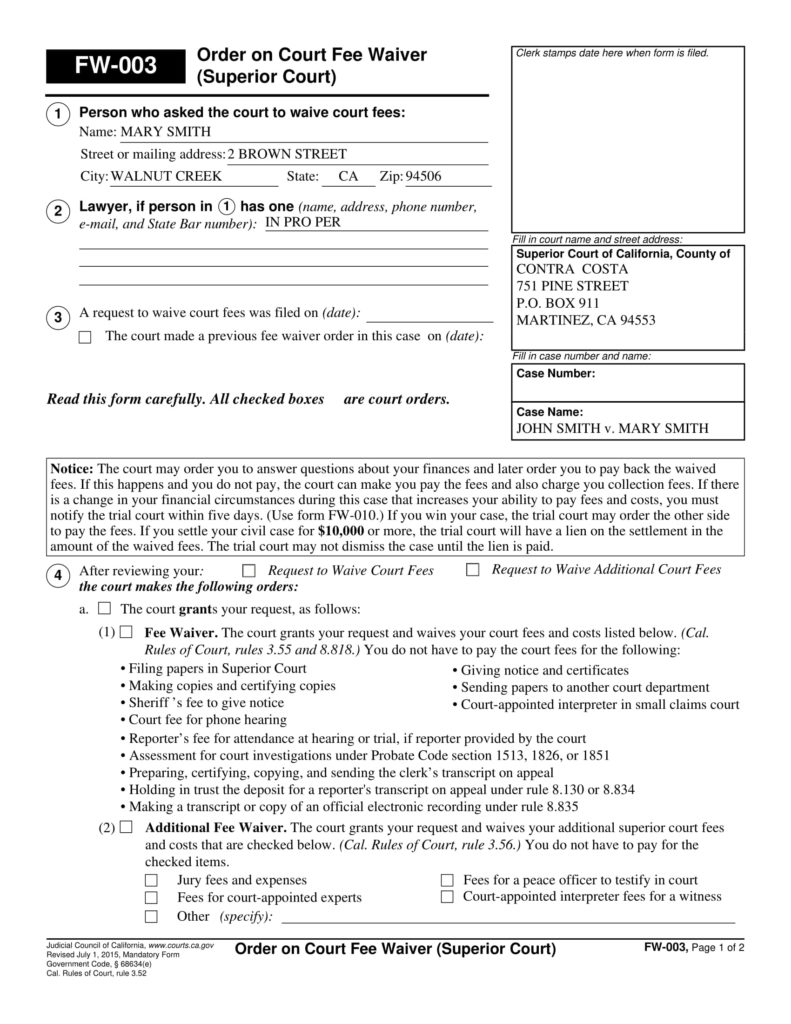 FW 003 Order On Court Fee Waiver Fillable Judicial Council Form 