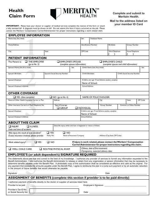 Generic Medical Claim Form generic Claim Form