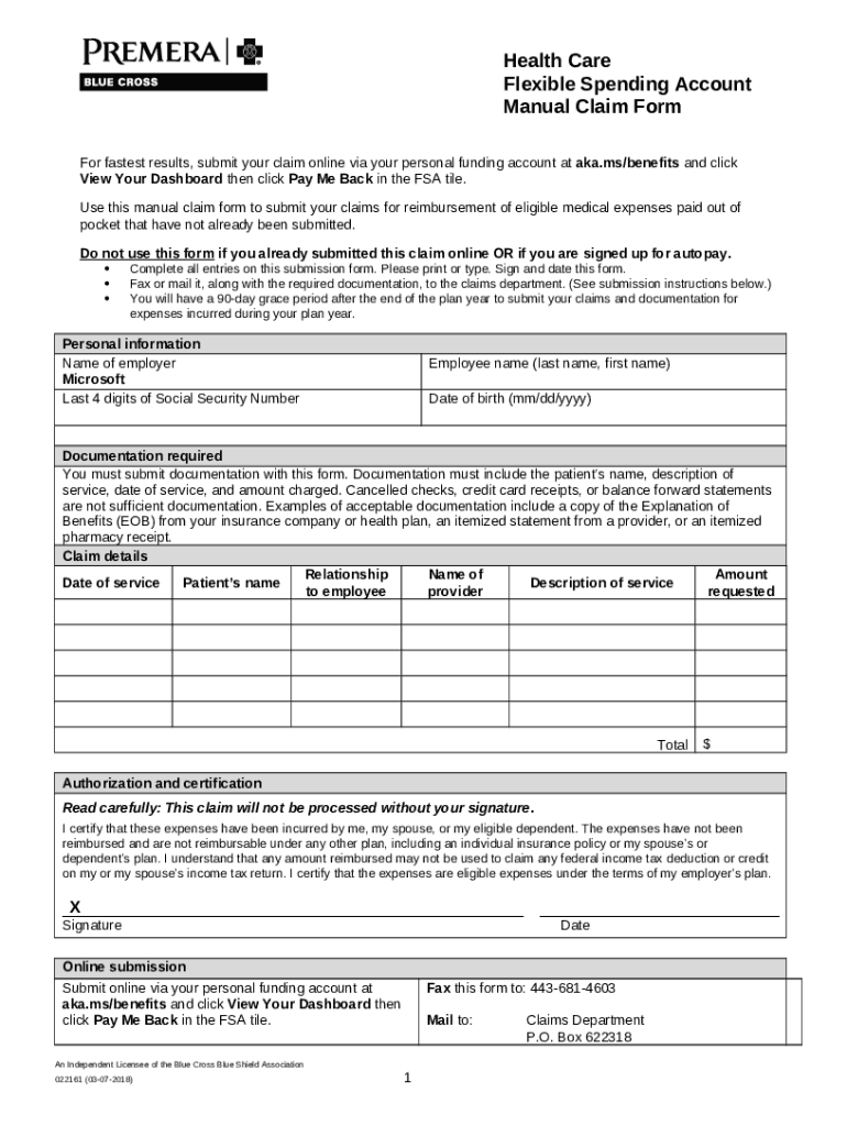 Health Care FSA Claim Microsoft Premera Blue Cross Doc Template 