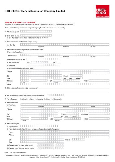 Health Suraksha Claim Form HDFC ERGO General Insurance