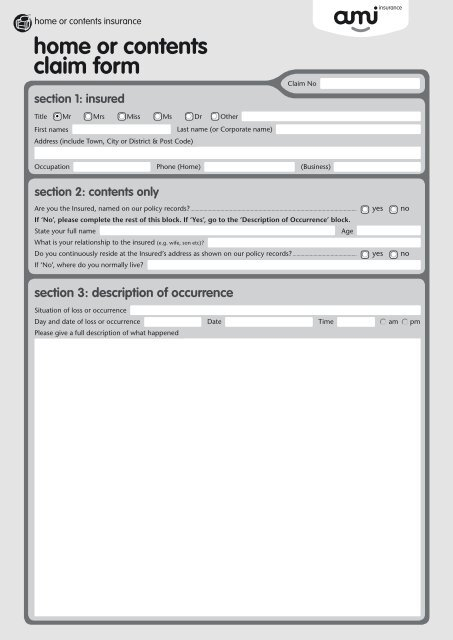 Home Or Contents Claim Form AMI Insurance