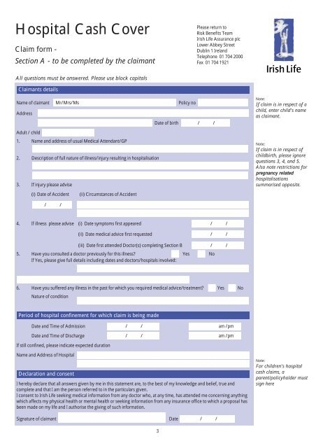 Hospital Cash Cover Claim Form Irish Life