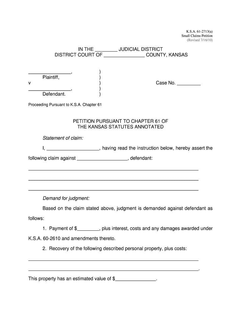 KS Small Claims Petition 2010 2021 Complete Legal Document Online 