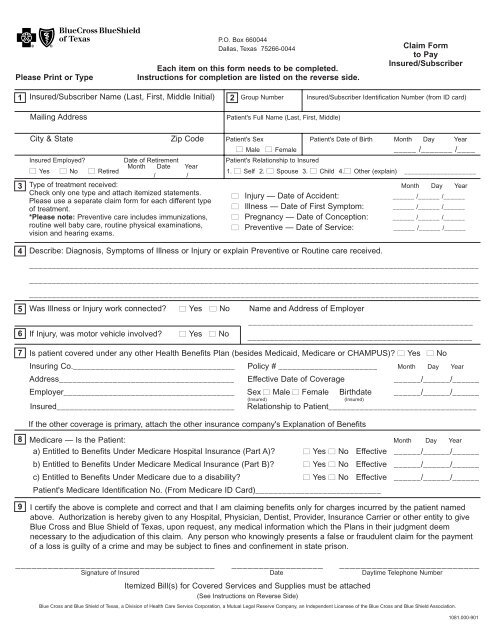 Medical Claim Form Blue Cross Blue Shield Of Texas